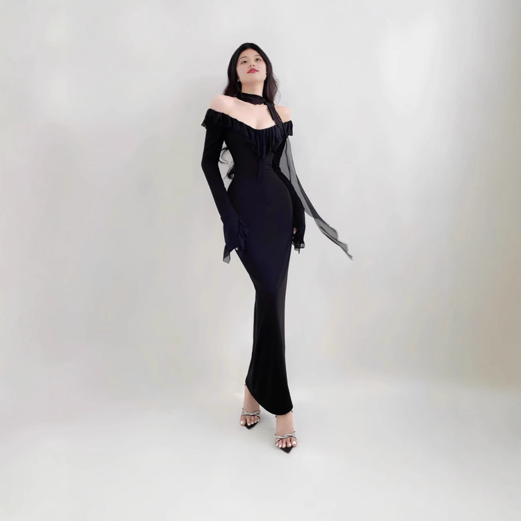 Elegant Long Sleeve Bodycon Dress Off Shoulder Design Fringe Detail High Waist Flared Sleeves Perfect for Autumn