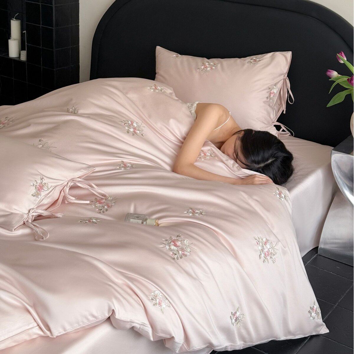 Light Luxury Style Xinjiang Long-Staple Cotton Four-Piece Set with High-Precision Floral Embroider Pure Cotton Splicing Quilt Cover Bedding Green Lemon Color