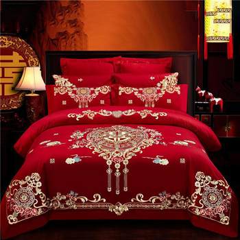 100 wedding four-piece set wedding cotton cotton six red embroidery wedding wedding quilt cover embroidered bedding