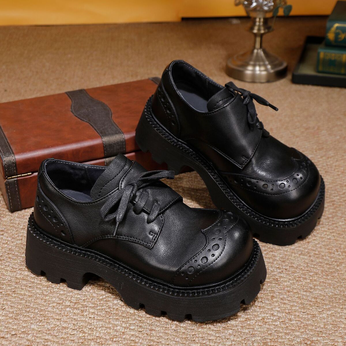 Giày boot nữ cổ thấp da bò thật thủ công mũi tròn gót vuông — Màu cà phê, màu đen