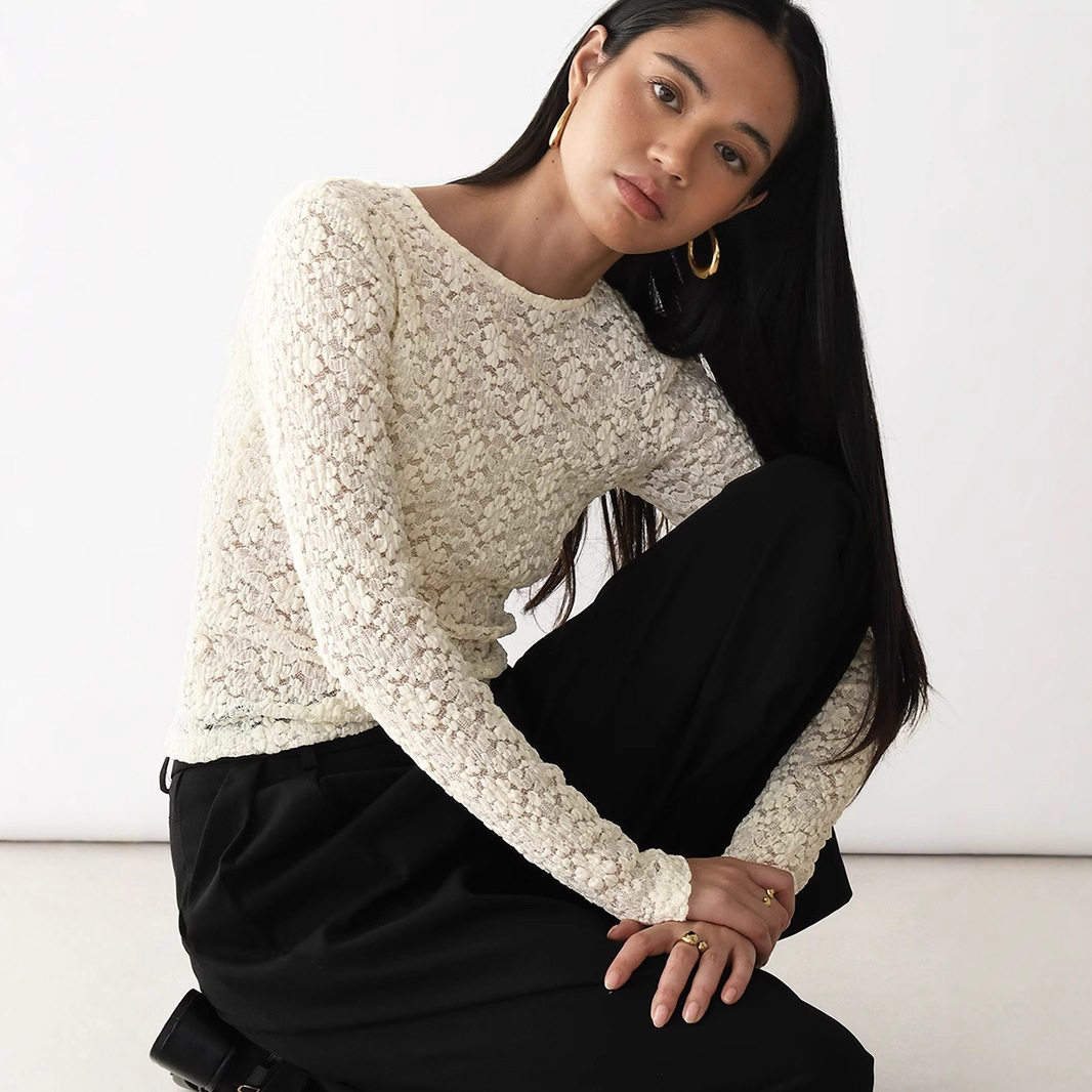 Lace Hollow Out Top Pearl Button Split Design Fitted Bell Sleeve Elegant Casual Wear for Women Wholesale Available