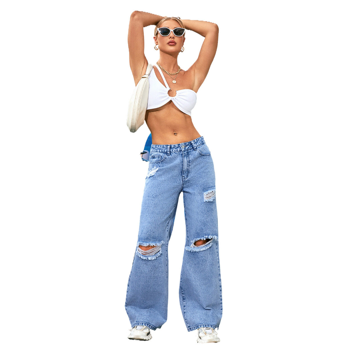 High Waisted Ripped Denim Straight Leg Pants Fashionable Distressed Water Washed Autumn Wear Wholesale Available