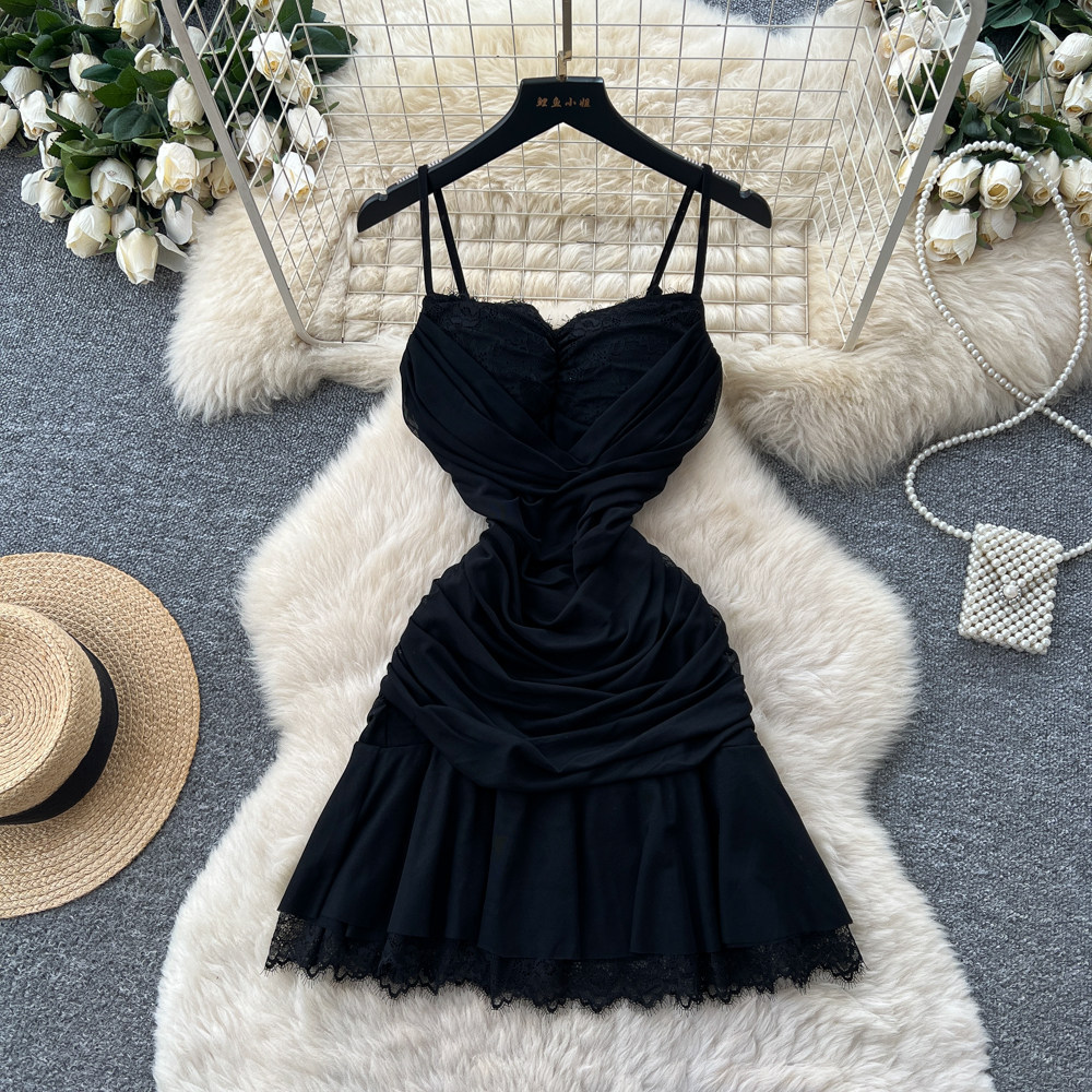 French Lace Spliced Cami Dress Slim Fit A Line Silhouette Summer Style Green Color Perfect for Casual Outings