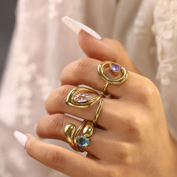 Cross-Border Ins Style Geometric Irregular Versatile Rings with Colorful Zircon Inlays, Open Rings for Women, Wholesale