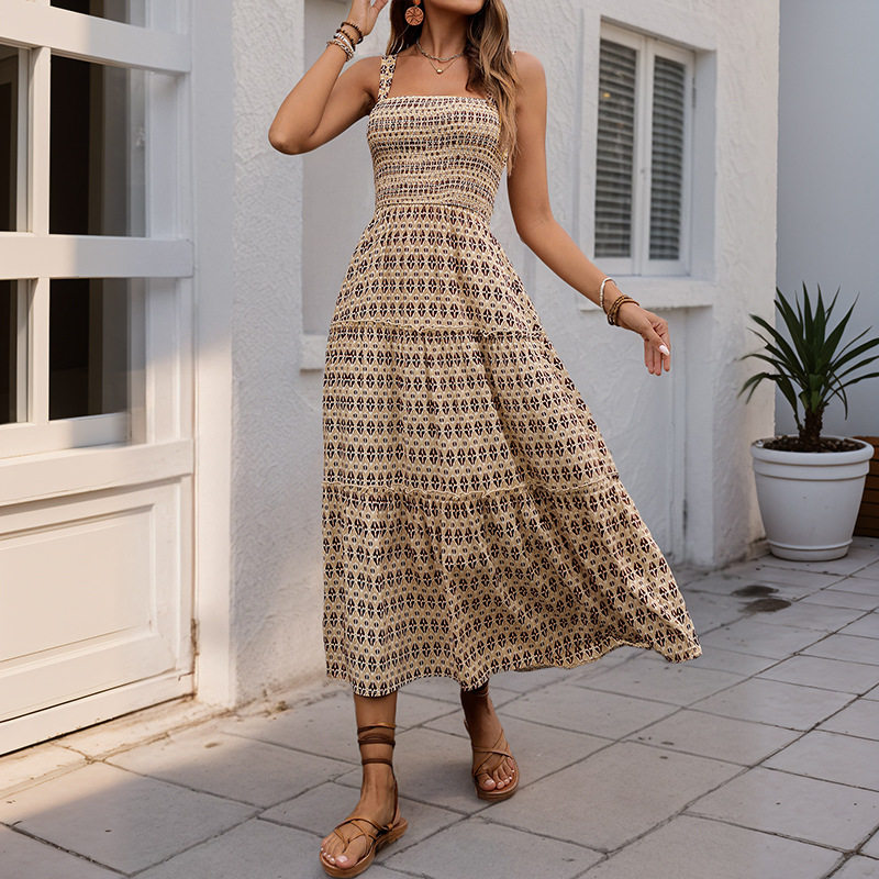 Elegant Summer A Line Dress Vintage Geometric Print Sleeveless Lightweight Fabric Perfect for Casual Outings