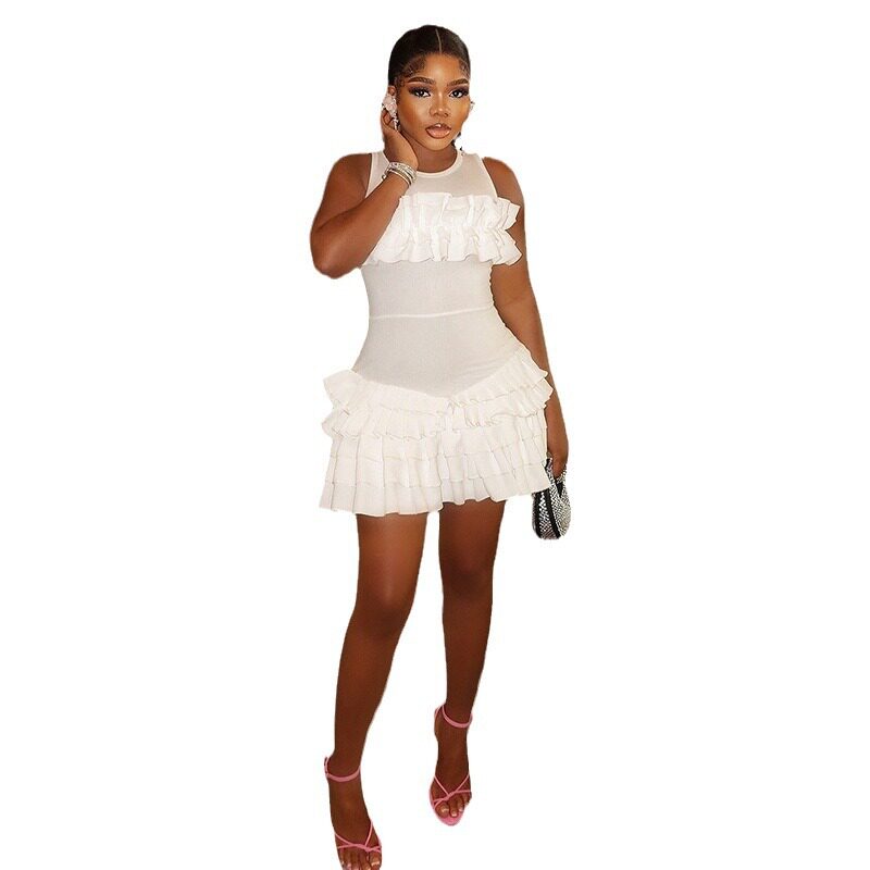 Womens Casual Solid Color Dress Sexy Round Neck Pleated Hem Flared Skirt Fashionable for Parties or Daily Wear