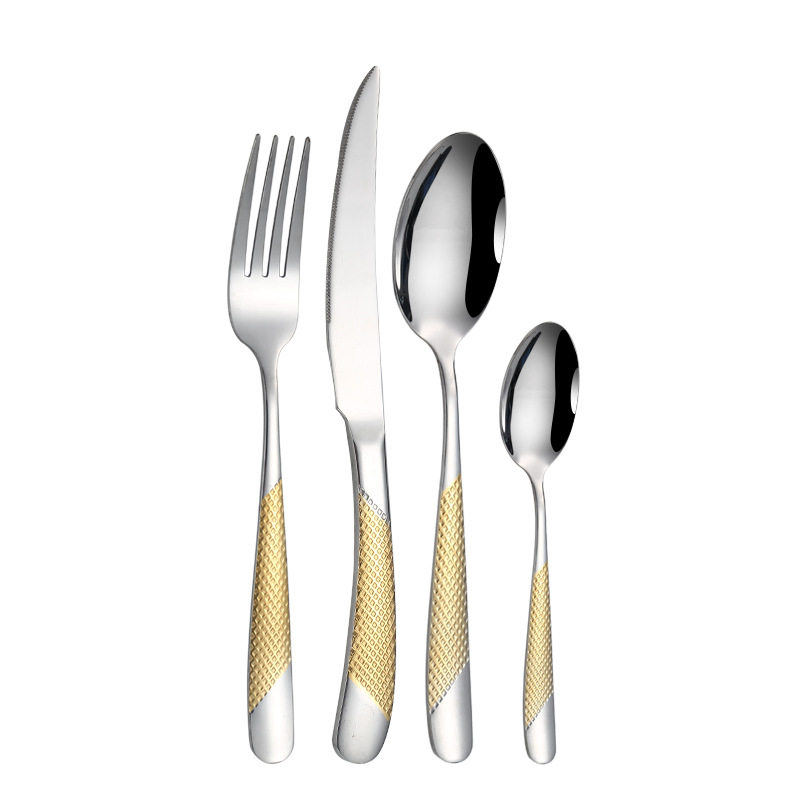 Cross-border Stainless Steel Tableware Embossed Gold Plated Star Diamond Knife and Fork Spoon suit Hotel Western Steak Knife and Fork Household Spoon