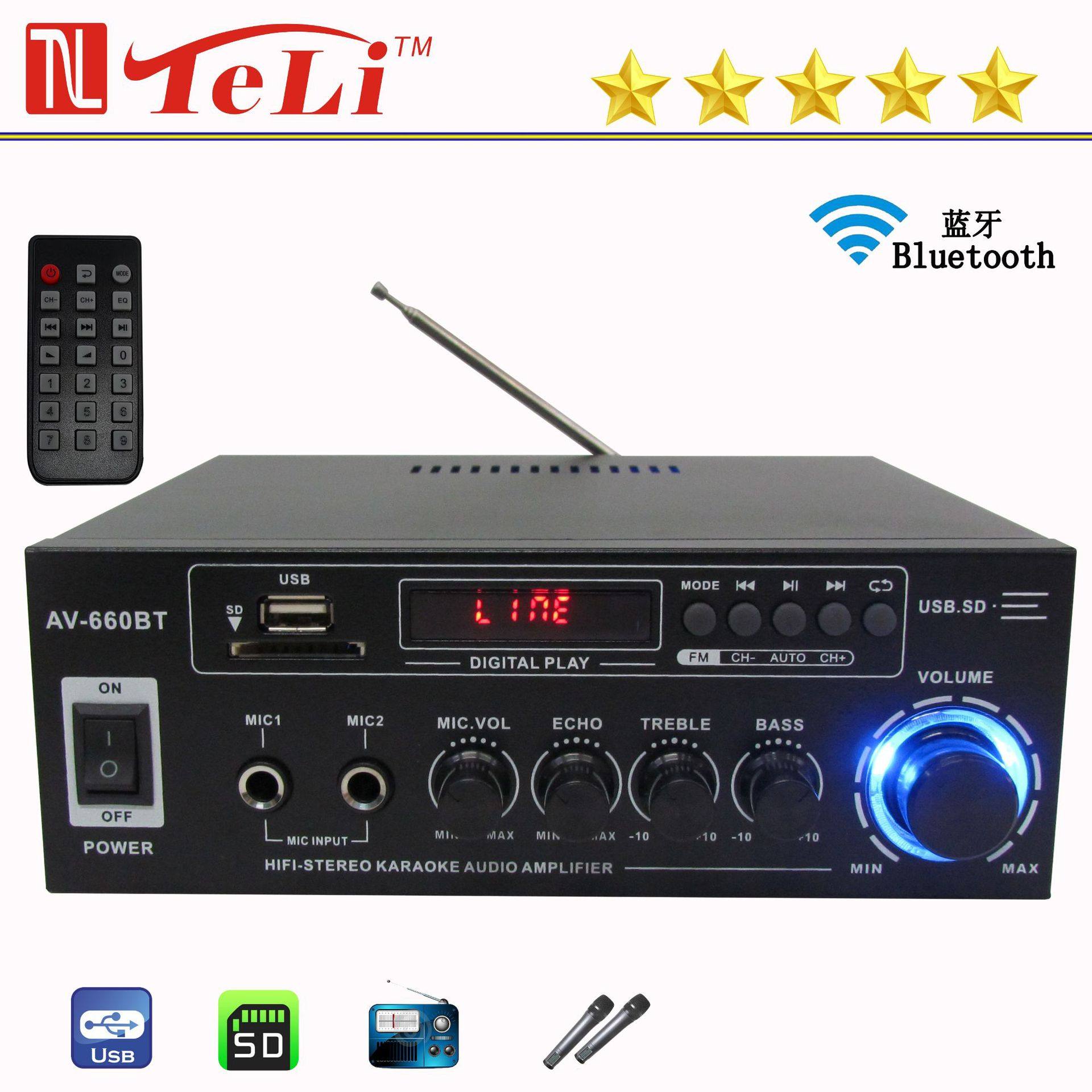 Cross-Border Export Av660Bt Microphone Bluetooth U Disk Radio 12V/220V Ac and Dc Car Home Amplifier