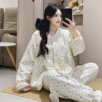 2025 Air Cotton Autumn/Winter Maternity Pajamas for Pregnant Women, Postpartum Nursing Thermal Floral Sleepwear Size 11/12