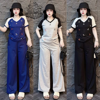 Korean-style Fashionable suit Women's New V-neck Love Printed Short-sleeved High-waist Slimming Wide-leg Pants Casual Two-piece Set for Summer