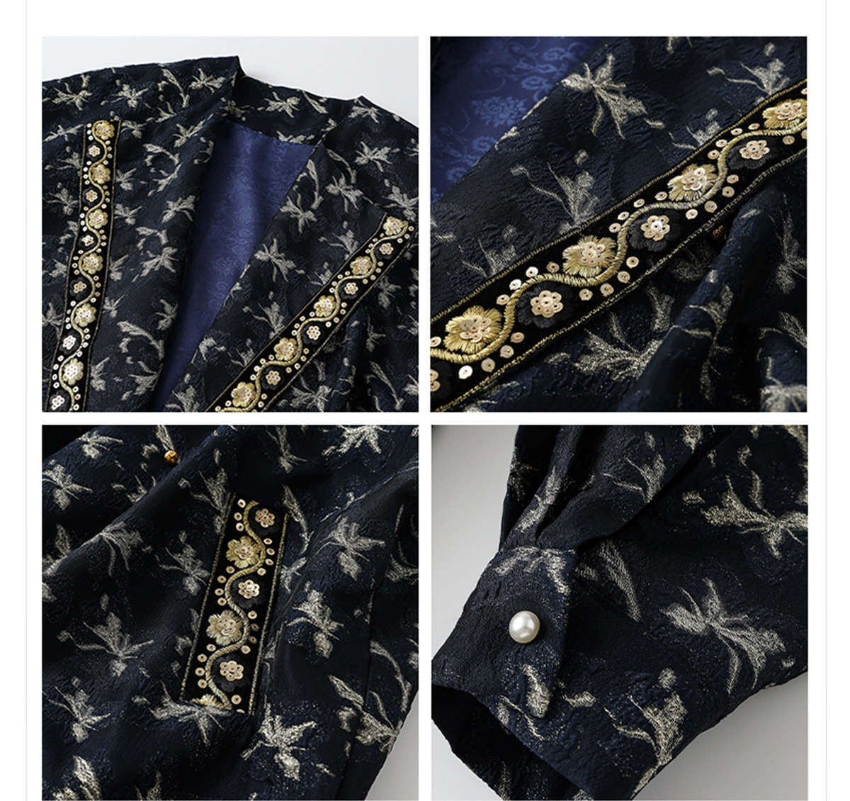 Áo khoác cardigan dệt kim thêu họa tiết hình học dáng ngắn tay dài — Màu trắng nhạt, Màu xanh hải quân