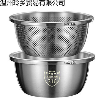 Stainless Steel Draining Basket for Washing Vegetables, Kitchen Household Fruit Washing Basket, Rice Washing Basin, Sieve, Thickened and Stainless Steel Basin