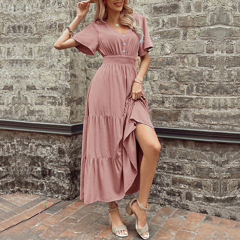 Elegant Summer V Neck Ruffled Hem Dress Slim Fit Solid Color Versatile Style Perfect for Casual or Formal Occasions