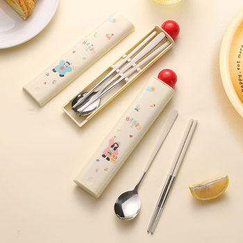 304 Food Grade Portable Tableware Spoon and Chopsticks Set Cute Tableware Set for Students and Kidsren Portable Printable Log