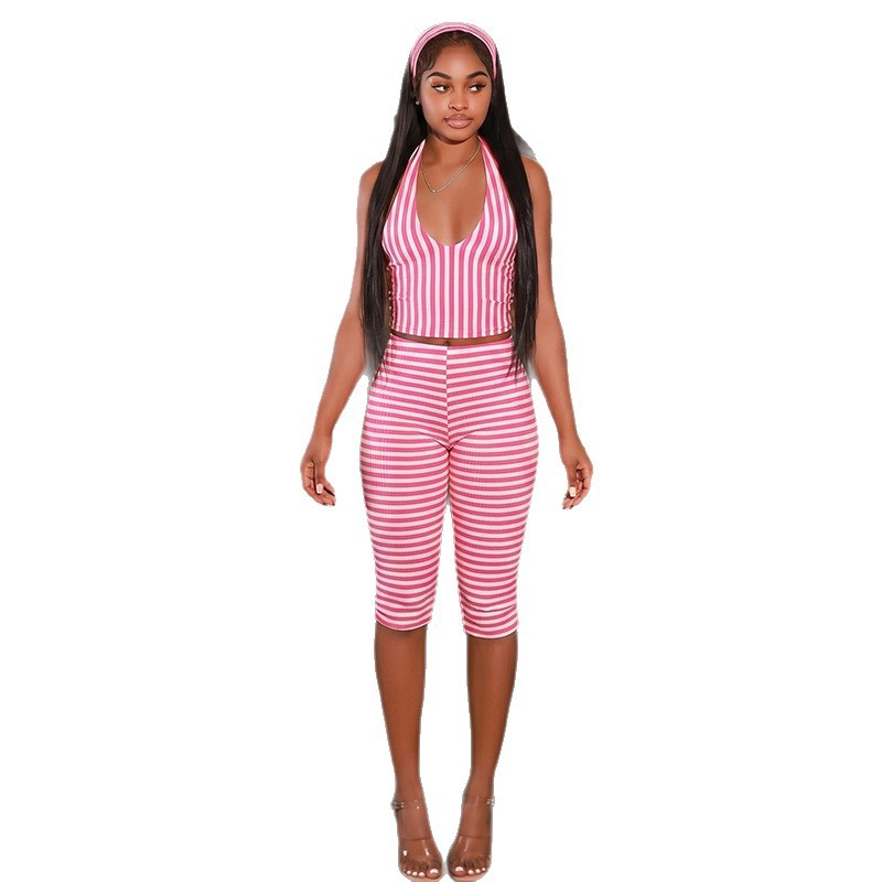 Vintage Striped Halter Neck Backless Top with Sexy Cropped Pants Set Summer Fashion for Women Wholesale Available