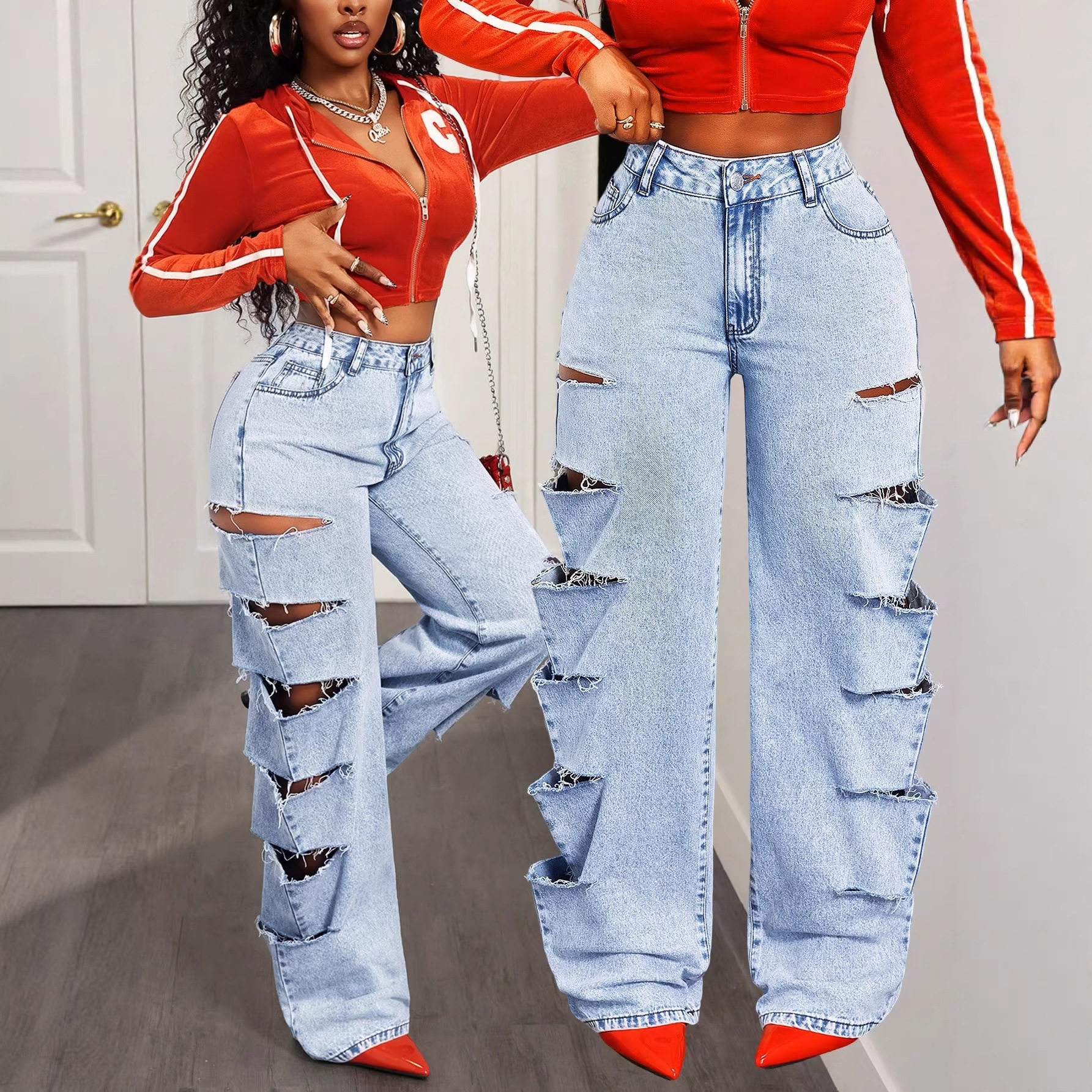 Wide Leg Denim Jeans Fashionable Loose Fit Hollow Out Design Versatile Style Casual Wear for Women Wholesale