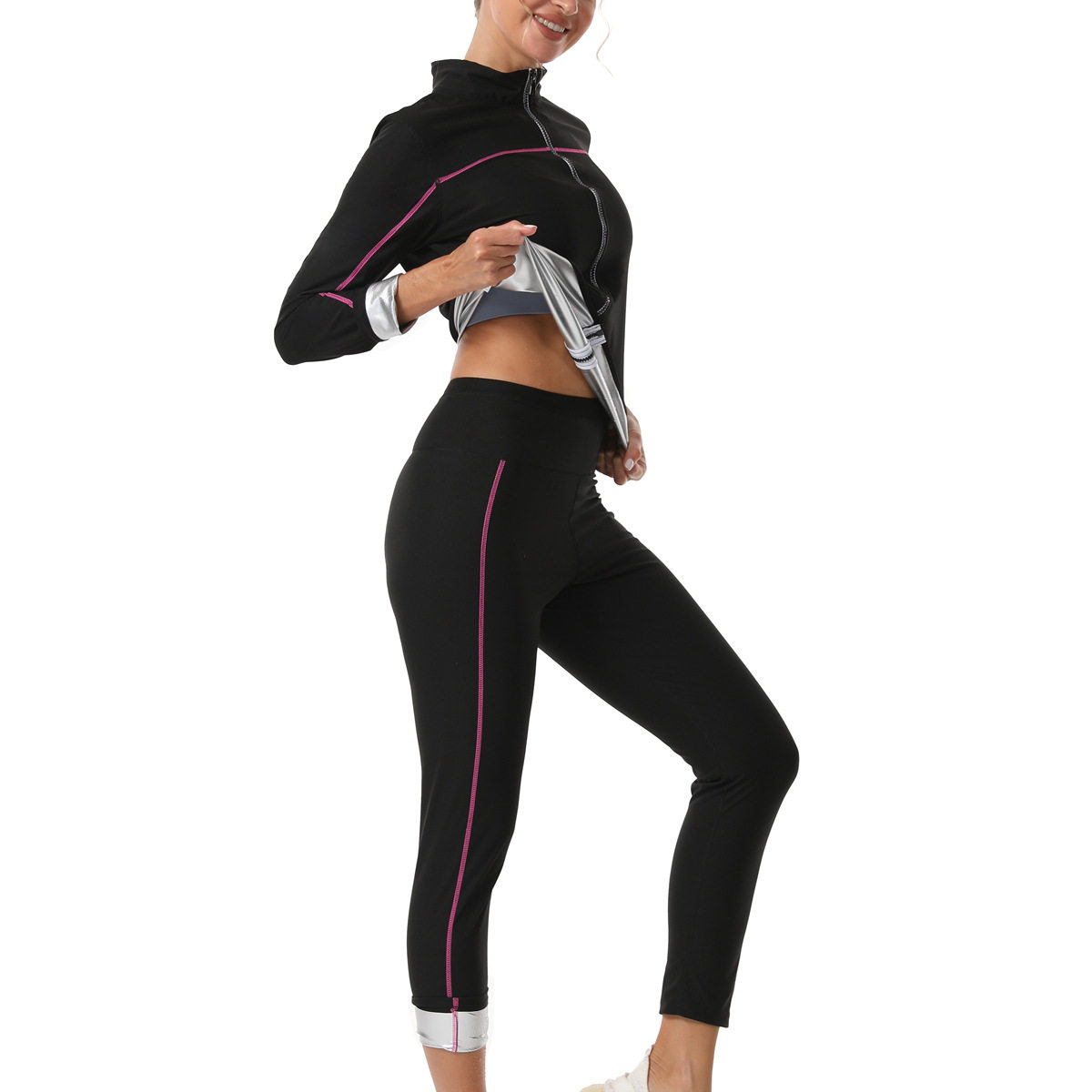 Cross-Border Sports Shapewear High-Waist Tummy Control Yoga Tights Suit Sauna Sweat Suit Zipper Long-Sleeved Turtleneck Suit