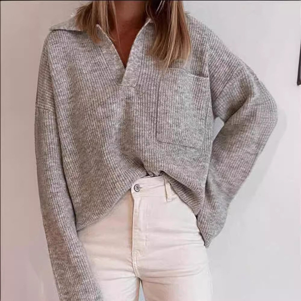 Casual Loose Fit Solid Color Sweater with Pockets Womens Knitwear for Everyday Wear Ready to Ship