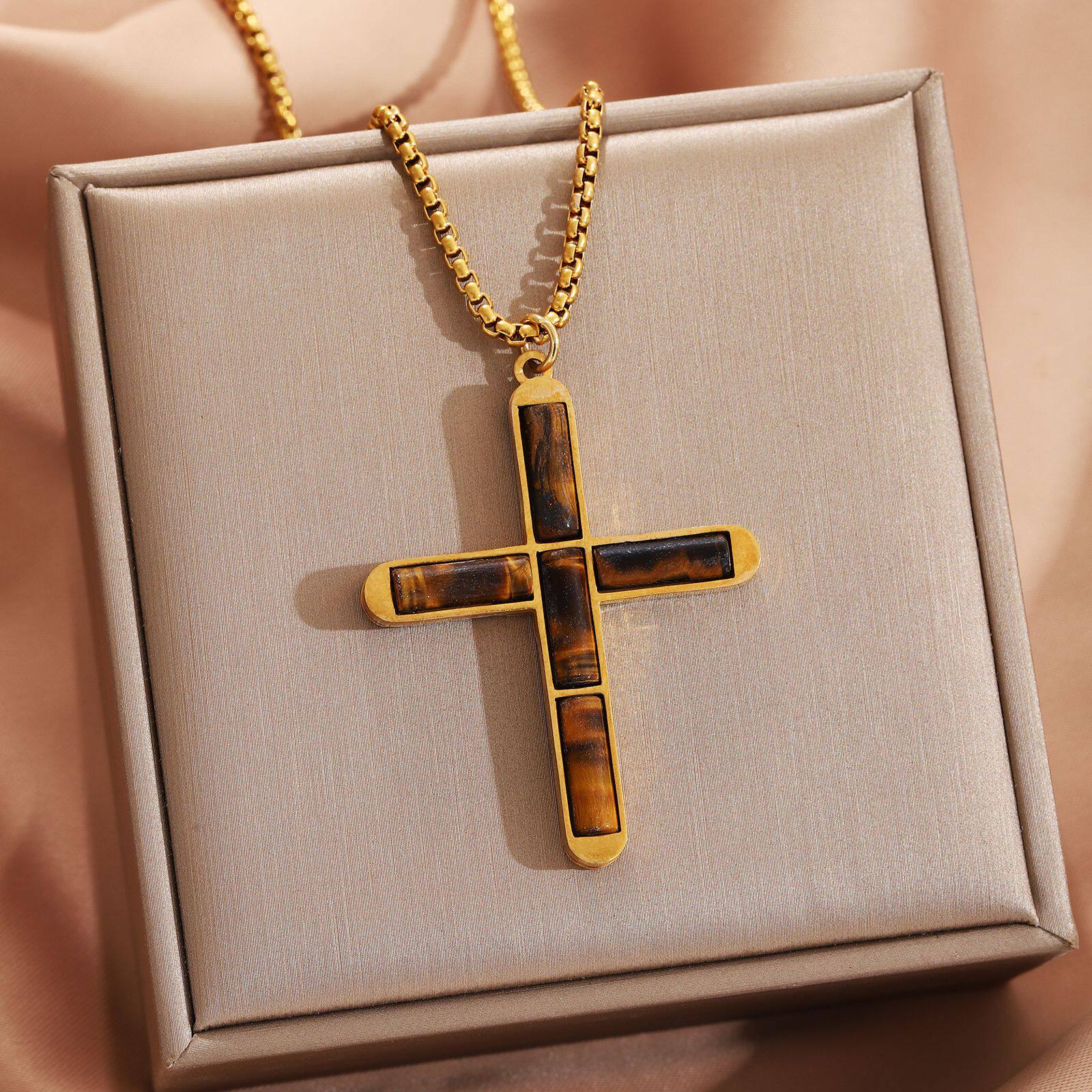 European and American Cross-Border Shoushan Stone Tiger Eye Stone Cross Pendant Stainless Steel Square Chain Necklace Men's and Women's Jewelry Wholesale