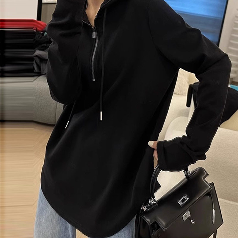 Maternity clothes cotton shoulder long-sleeved T-shirt Women's Spring and Autumn Mid-length plus size niche top zipper hooded bottoming shirt