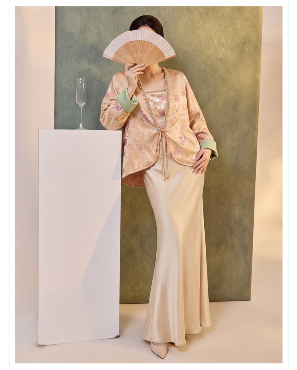 Bộ đầm nữ hai mảnh áo khoác cardigan dài tay buộc dây kèm váy hai dây dáng đuôi cá — Áo khoác (giao hàng trong 7 ngày), Váy hai dây (giao hàng trong 7 ngày), Bộ sản phẩm (giao hàng trong 7 ngày)