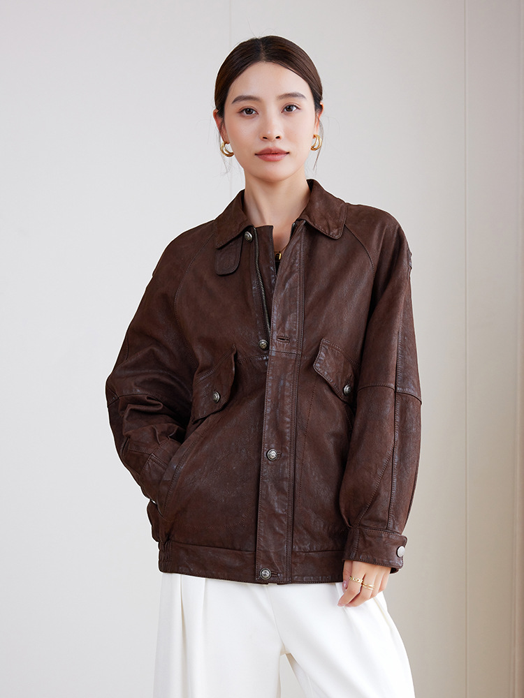 Áo Da Nữ Chất Liệu Da Bò Kín Cổ Hàng Mùa Xuân Thu Đông Phục Cổ Cổ Điển