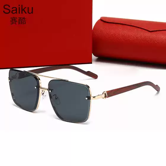 2026 New European and American Retro Metal Double-Bridge Sunglasses for Men with Anti-Blue Light Lenses and Wooden Temple Arms, Cross-Border Glasses
