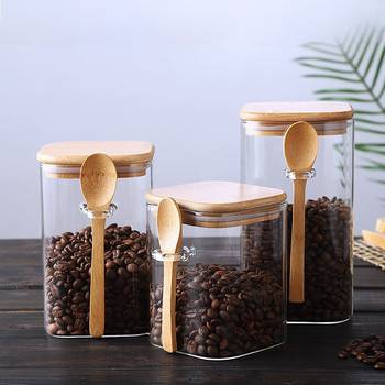 Spice Box with Wooden Spoon Coffee Bean Jar Household Milk Powder Tea Jar Japanese Square Large Glass Sealed Storage Jar