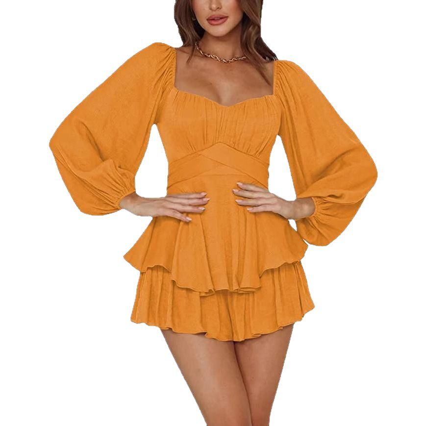 Womens Ruffled Jumpsuit Lantern Long Sleeves Square Neck Waist Cinching Chic Style Summer Casual Wear Wholesale