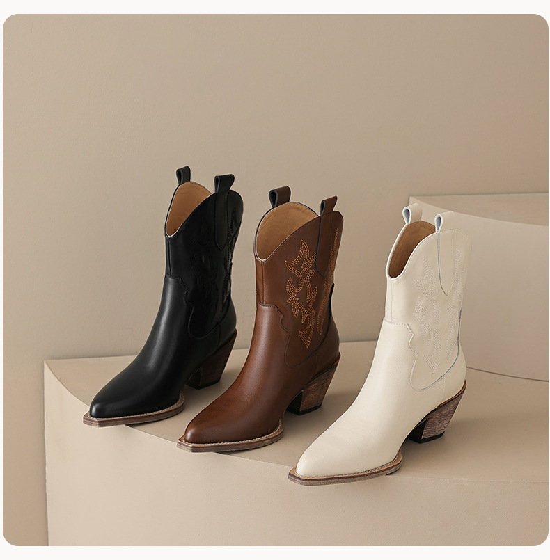 Boot nữ da bò cổ thấp mũi nhọn gót thô phối thêu — Màu be lót nhung bên trong, Màu be một lớp lót trong, Màu đen lót một lớp, Màu đen lót nhung