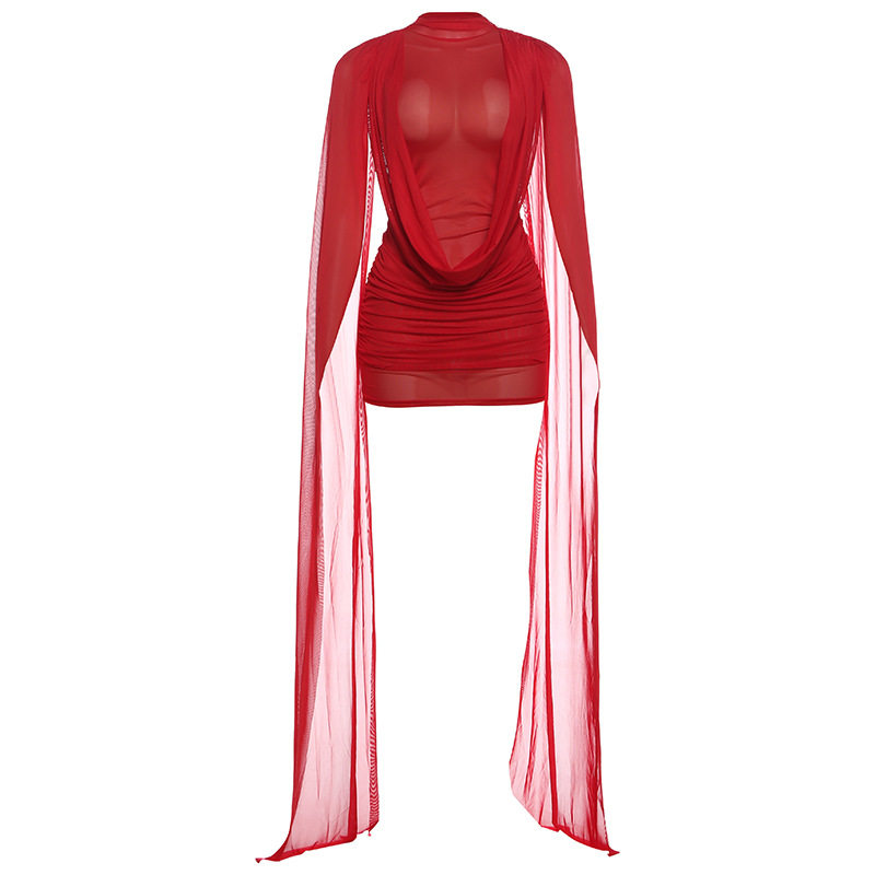 Fashionable Womens Bodycon Dress Sheer Mesh Ruffled Design Stylish Tie Details Perfect for Autumn and Winter