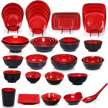 Imitation Porcelain Melamine Tableware Plastic Plate Bowl Rice Roll Plate Black and Red Plate Fried Rice Plate Noodle Bowl Breakfast Bowl Soup Bowl Small Bowl Set