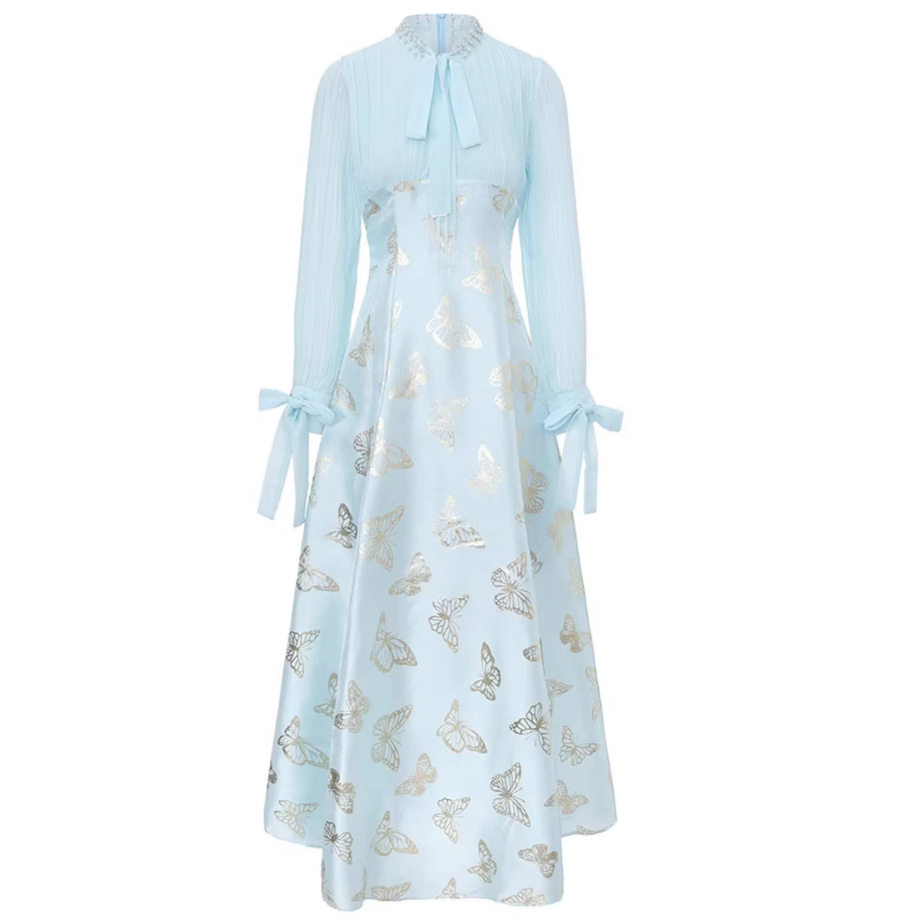 Elegant V Neck Dress with Bow Tie Luxurious Heavy Gold Print Flared A Line Gown for Formal Occasions Wholesale Available
