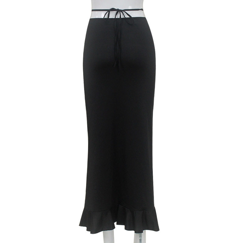 Elegant French Style High Waisted Midi Skirt Slim Fit Ruffled Hem Lace Up Design Perfect for Casual or Formal