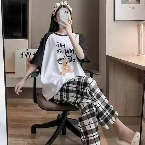 2025 Cartoon Plaid Bear Summer Pajamas for Women, Short Sleeve Long Pants, Cute Plus Size Spring and Autumn Loose Homewear Set