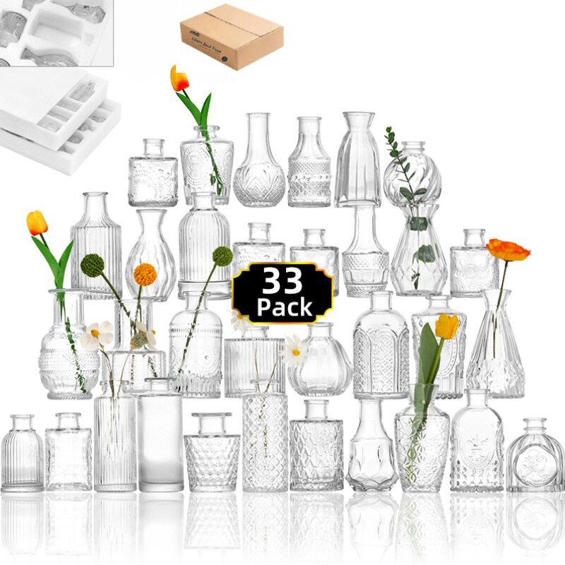 跨境热销复古玻璃花瓶插画高级感香薰瓶 透明ins风摆件小花瓶套装