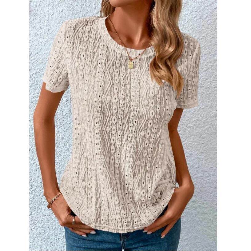 Womens Summer T Shirt Comfortable Fresh Sweet Hollow out Design Round Neck Short Sleeve Casual Wear