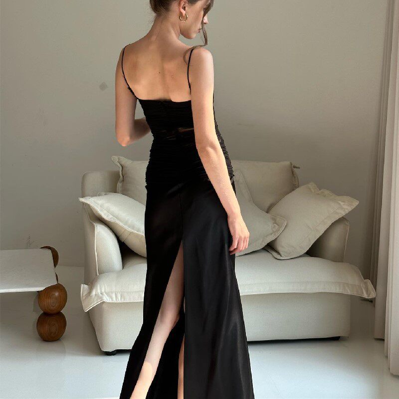 Elegant Long Split Dress French Style Mesh Splicing Slim Fit Sleeveless Perfect for Evening Events Wholesale