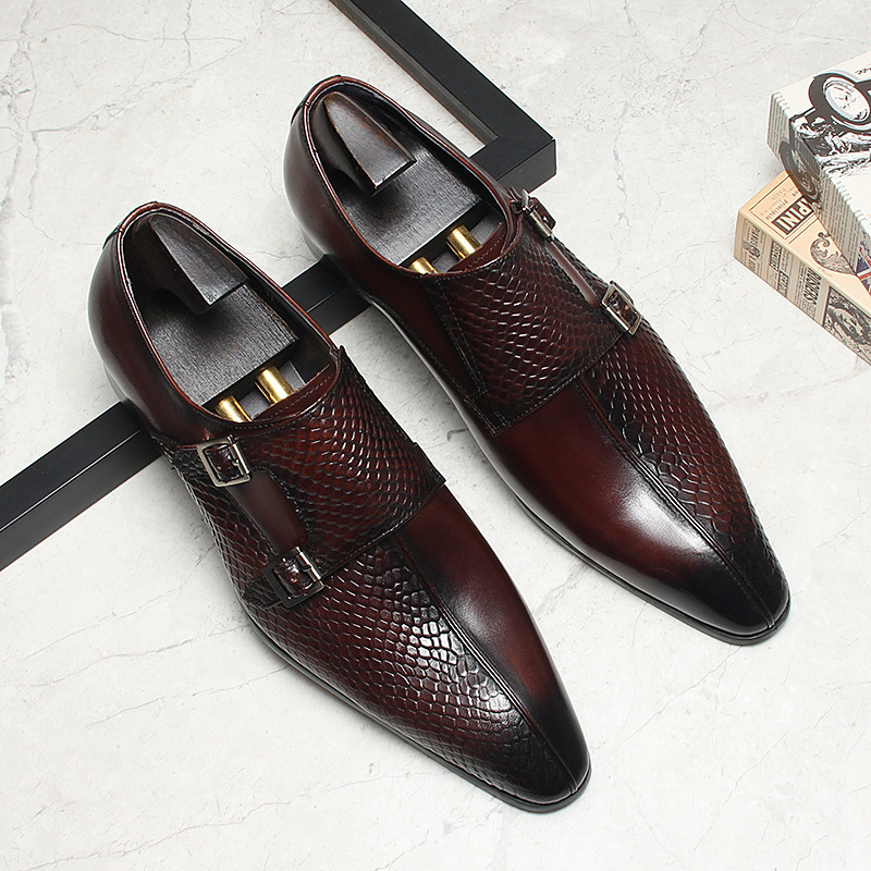Giày da nam monk strap khóa đôi mũi nhọn da bò thật — màu đen, Màu đỏ rượu
