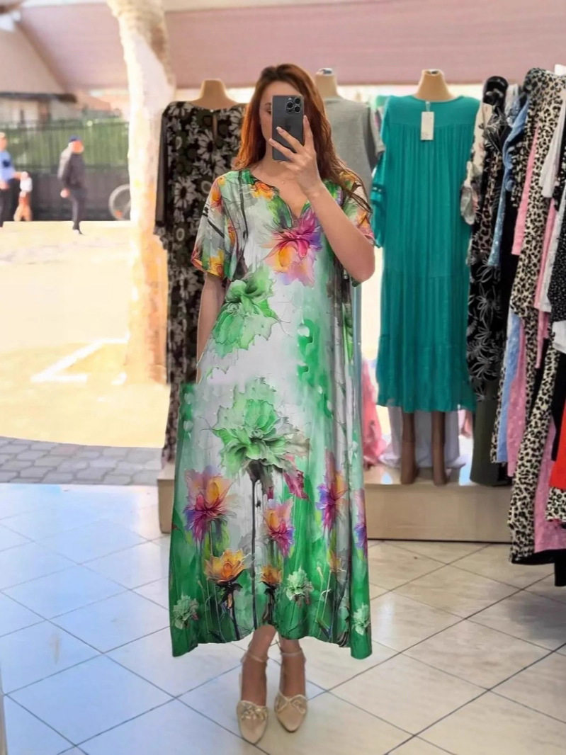 Summer Floral V Neck Maxi Dress for Women Casual Style Short Sleeves Lightweight Fabric Perfect for Vacations