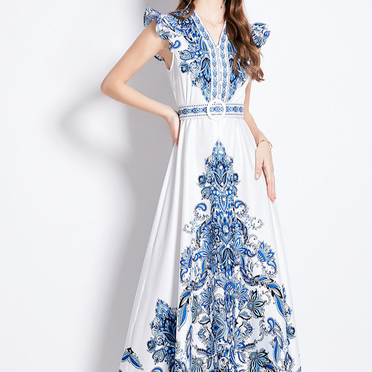 Vintage Inspired Elegant Floral Print Dress V Neck Lantern Sleeves Slim Fit Button Closure Perfect for Parties and