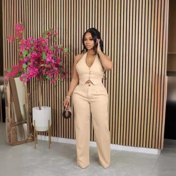 M-6183 European and American Solid Color V-neck Hanging Neck Suit Vest Pants Set