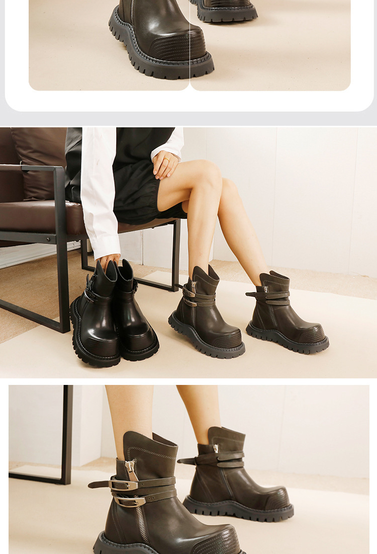 Boot nữ cổ thấp da bò thật gót thấp khóa kéo bên hông — màu xám
