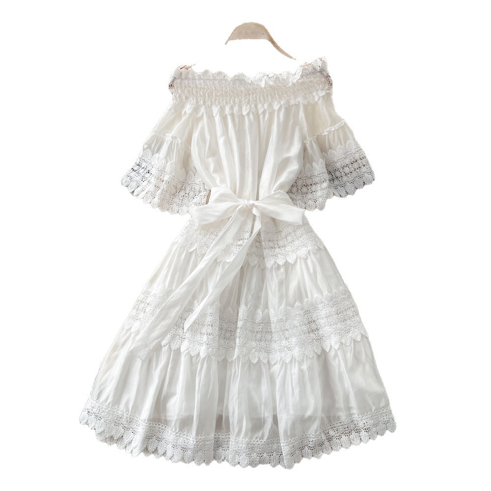 Off Shoulder Lace Trimmed Dress Summer Short Sleeve Red Slim Fit Elegant Style Perfect for Romantic Occasions