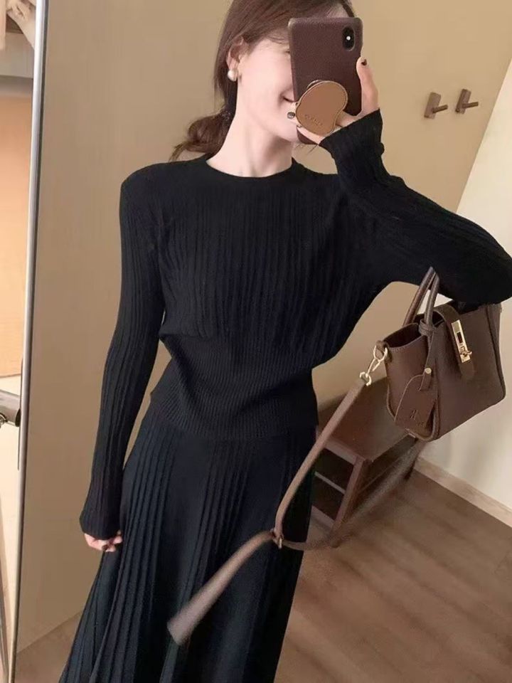 High Waist Pleated Knit Set Slim Fit Elegant Style Casual Chic Perfect for Autumn and Winter Wholesale Available
