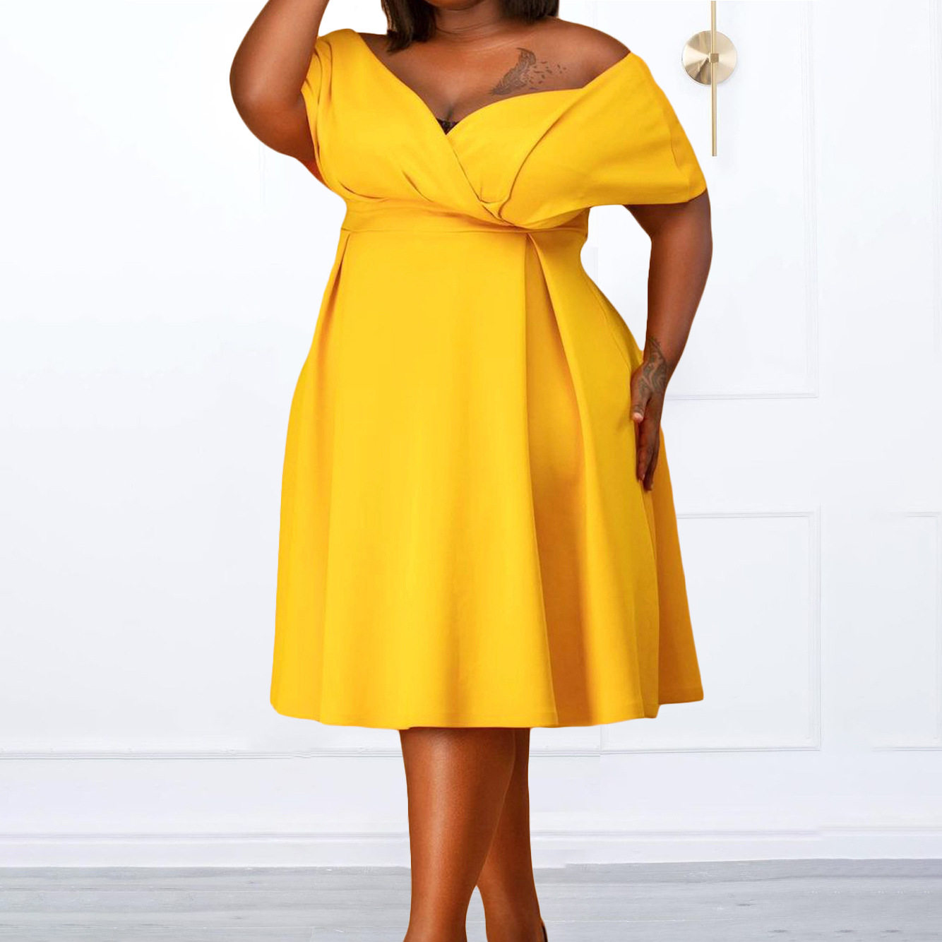 Summer Womens Dress Short Sleeve V Neck Solid Color Plus Size Off Shoulder Casual or Party Wear Wholesale