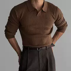 Black Long-Sleeved Polo Shirt for Men in Autum New Trendyy Simple Muscle Fitness Stripesd Knitted Lapel Top T-Shirt