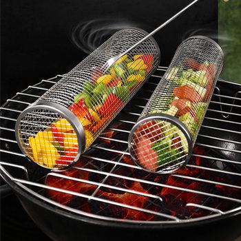 Amazon Stainless Steel Cylinder Barbecue Cage Portable Roller Barbecue Grill Outdoor Combination Barbecue Tools Barbecue Net