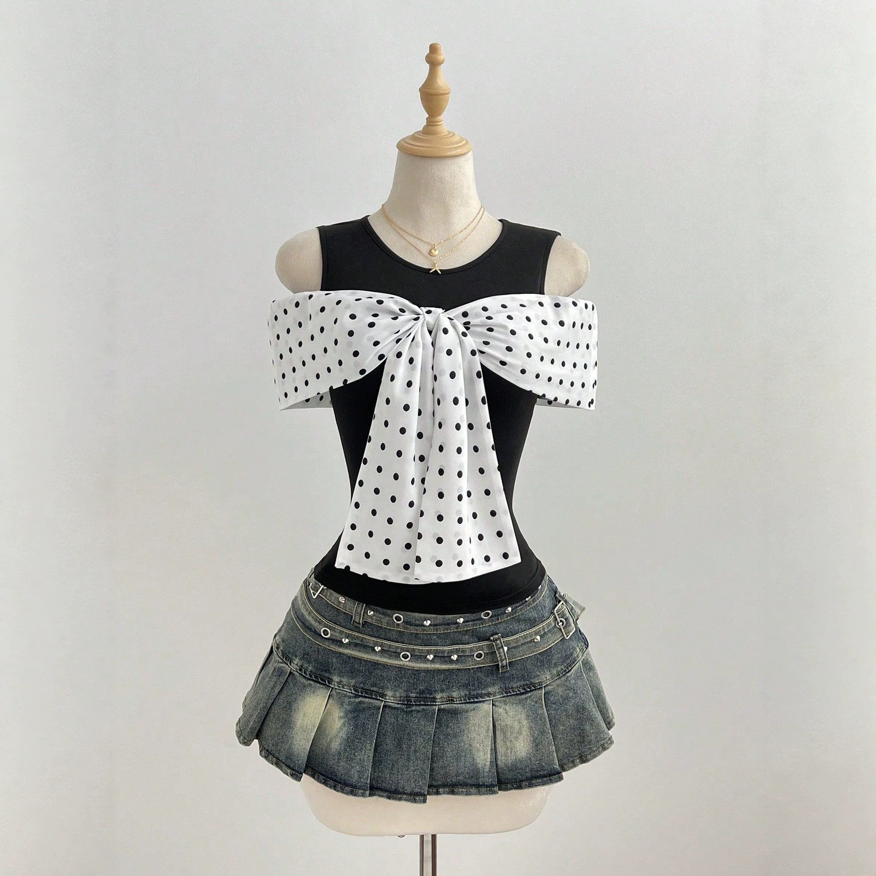 Summer Womens Fitted T Shirt Short Sleeve Bow Tie Detail Polka Dot Print Casual Wear Ready to Ship