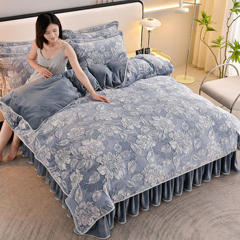 Flannel Thickened Printed Four-Piece Winter Milk Velvet Four-Piece Warm Bed Skirt Lace Velvet Set Wholesale